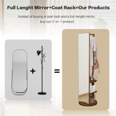 360° Rotating Wood Full Length Mirror 2 in 1 Floor Mirrors for Living Room Bedroom and Cloakroom