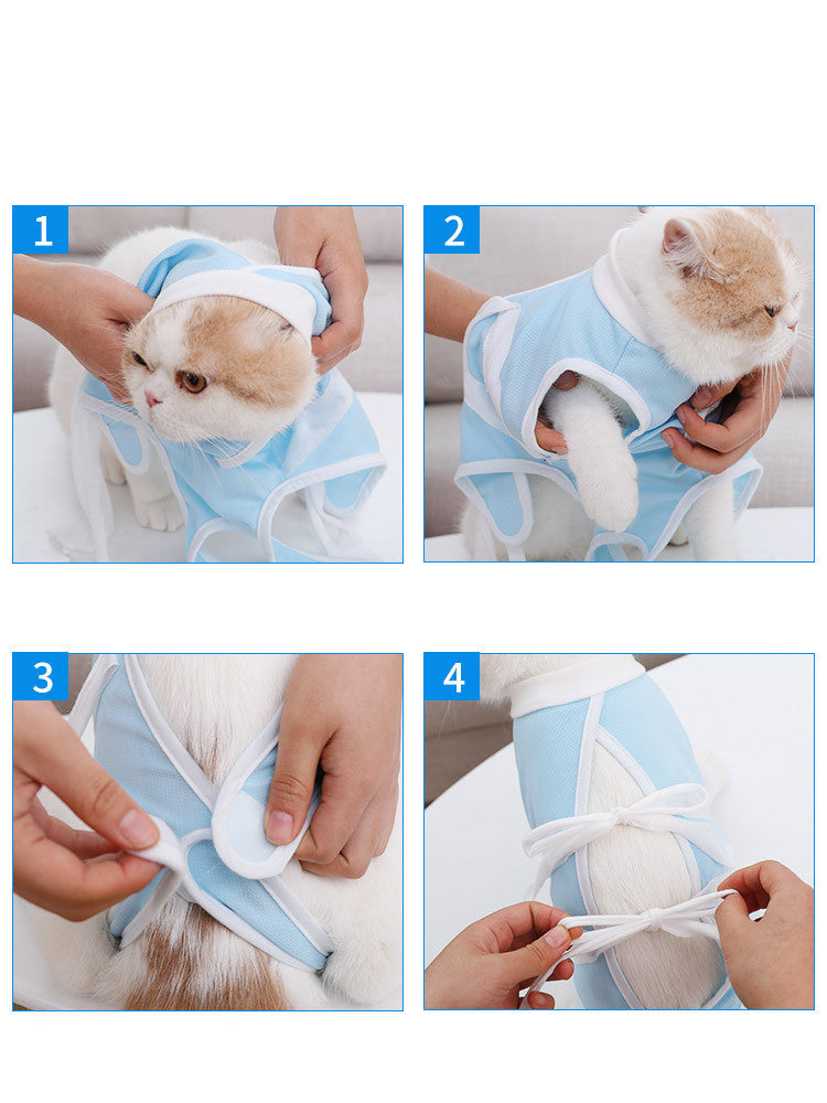 Cat Summer Recovery Suit 😻 | Breathable Anti-Lick Outfit (Blue & White)